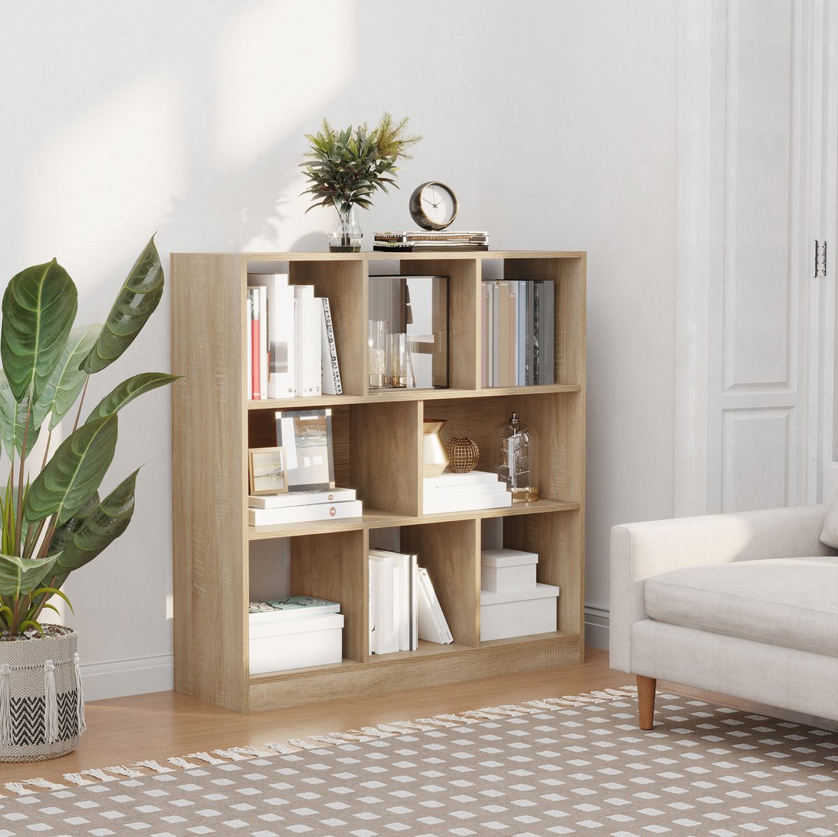 MIVRAY Boekenkast – Open Opbergkast Met Anti Kantelbeveiliging – 97,5 x 30 x 100 cm – Multiplex – Eiken – Woonkamer En Kantoor