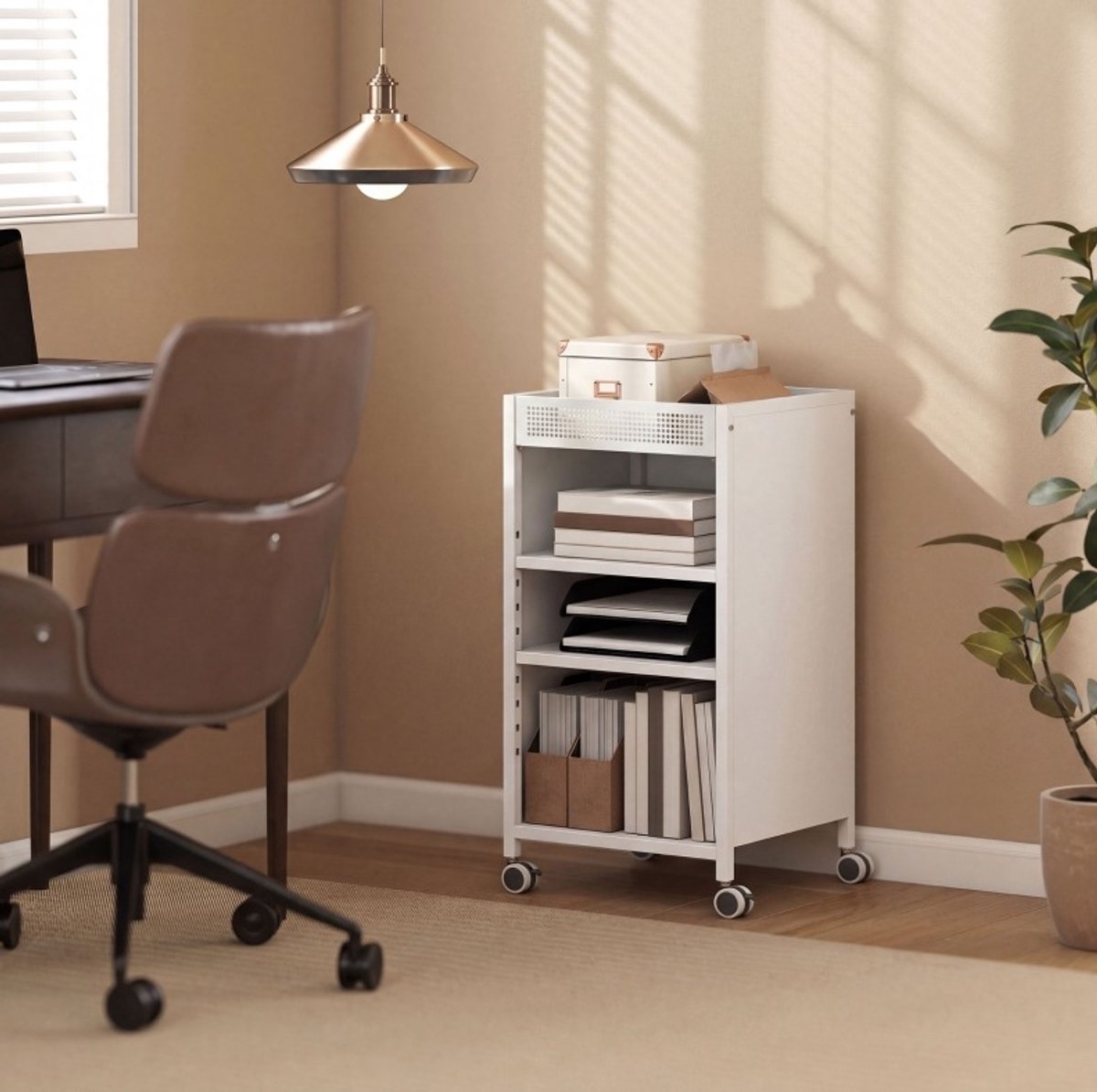 MIVRAY Mobiel Boekenrek Met Verstelbare Planken En Bovenkorf - 35 x 34 x 69,5 cm - Metaal - Wit - Op Wielen Voor Woonkamer Keuken En Kantoor
