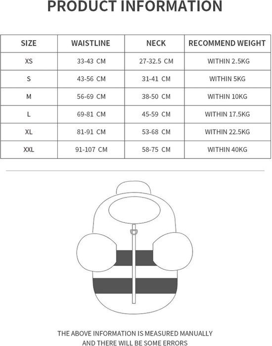 Maattabel voor hondenzwemvesten: maten XS tot XXL, met taille-, nek- en gewichtsindicaties.