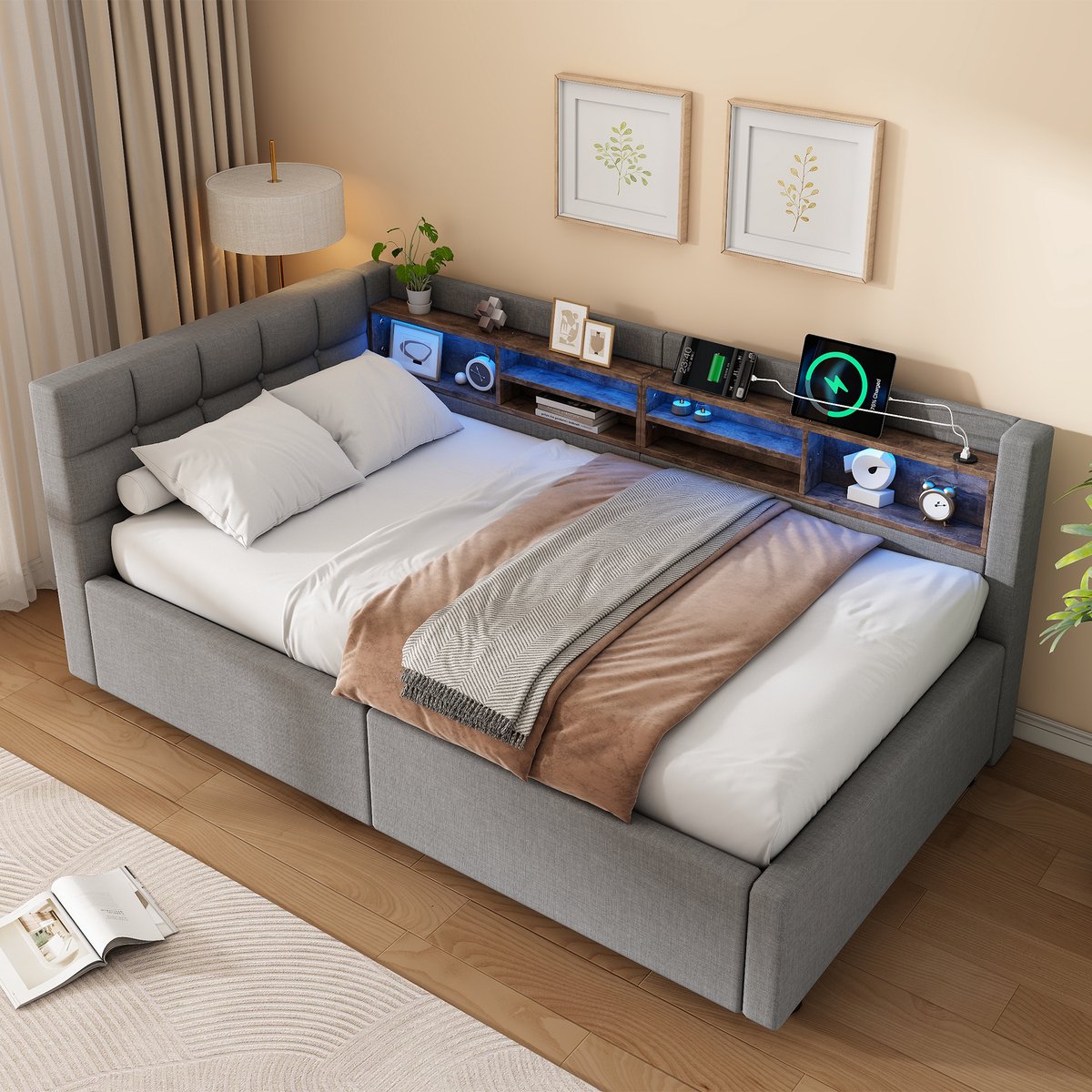 VVBV Bedbank 90x200 cm - Hydraulische Opbergruimte, USB-Aansluiting, Stopcontact, LED-Verlichting - Grijs, Linnen