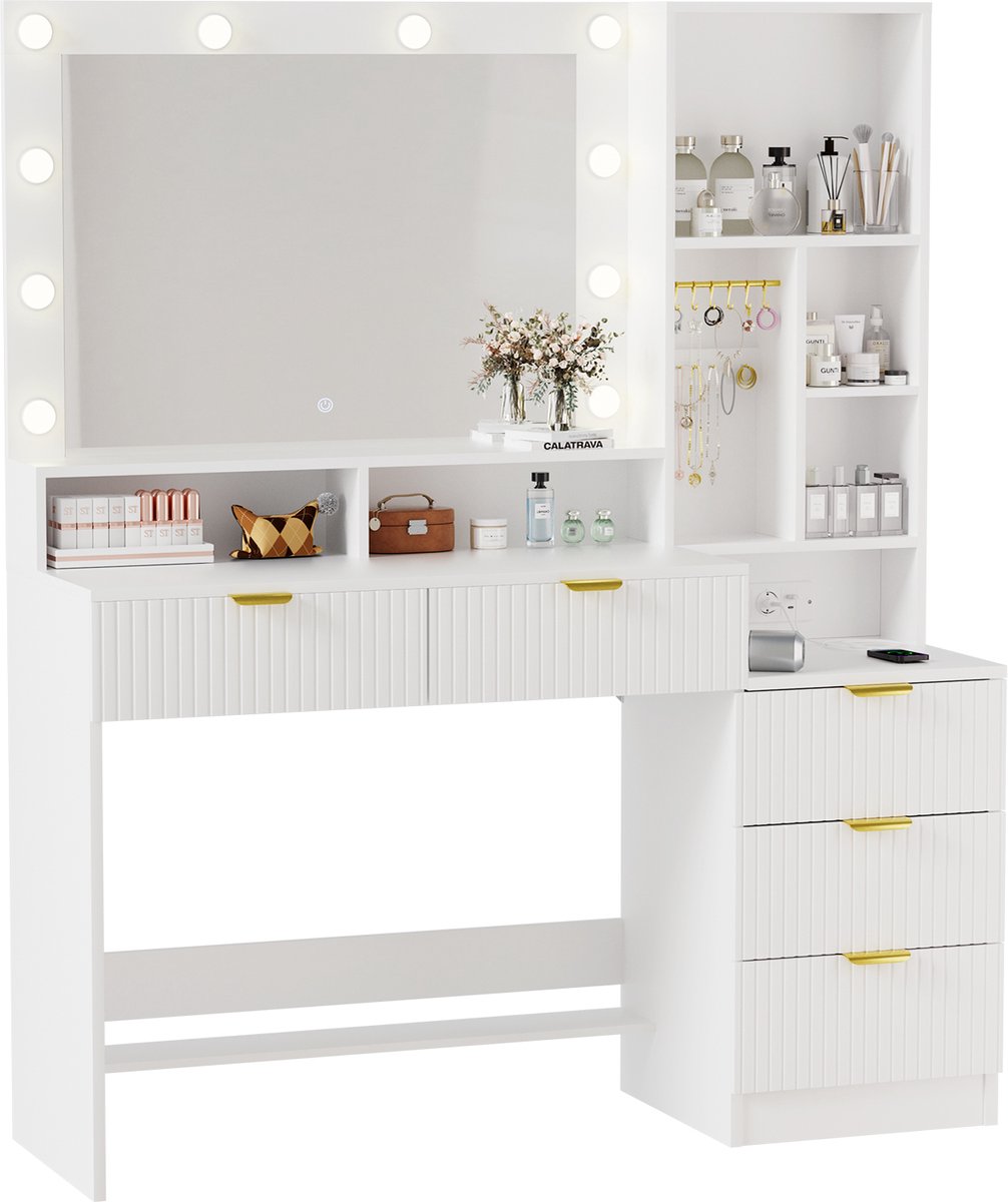 Devoko Kaptafel met Verlichte Spiegel - 114 x 40 x 149 cm - 5 Lades - 10 Lampen met 3 Lichtstanden - 2 USB + USB-C - Wit