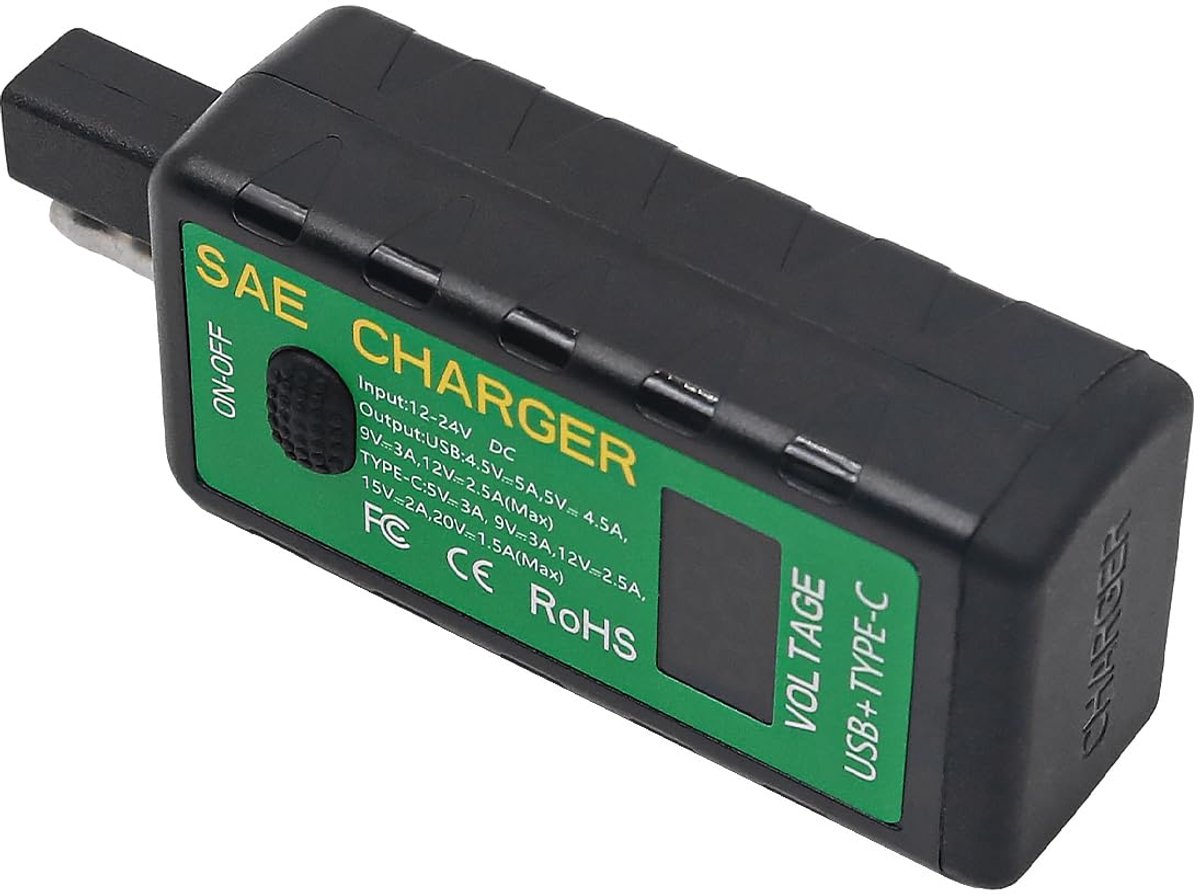 Motorfiets USB-oplader - SAE-naar-USB-adapter type C - met voltmeter en aan/uit-schakelaar - waterdicht voor smartphone - ShopVlot