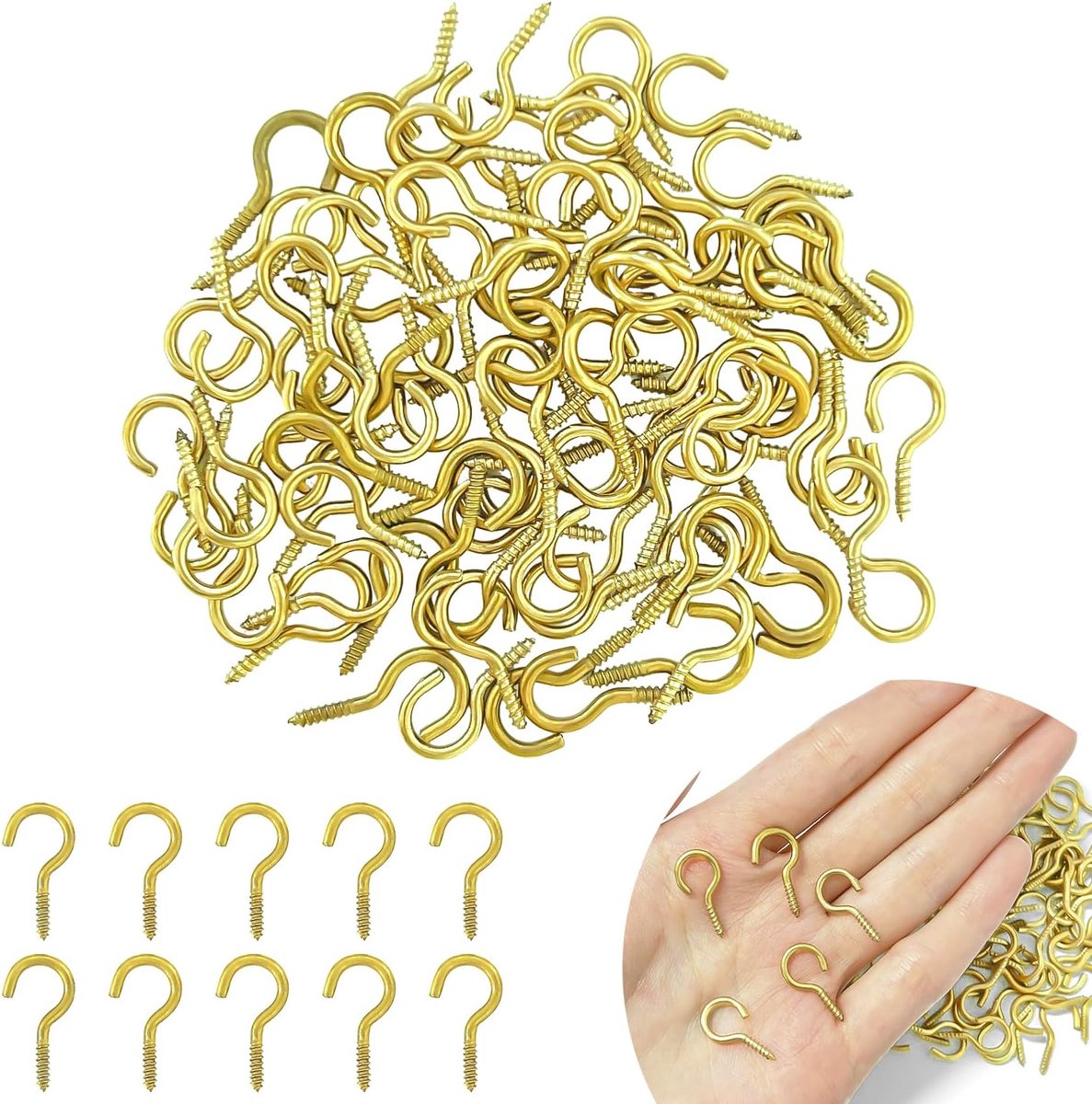 SnelShoppen - 80 Stuks Kleine Schroefhaken, Metalen Haken in Goud voor het Ophangen van Planten en Verlichting, Binnen en Buiten, Eenvoudige Installat