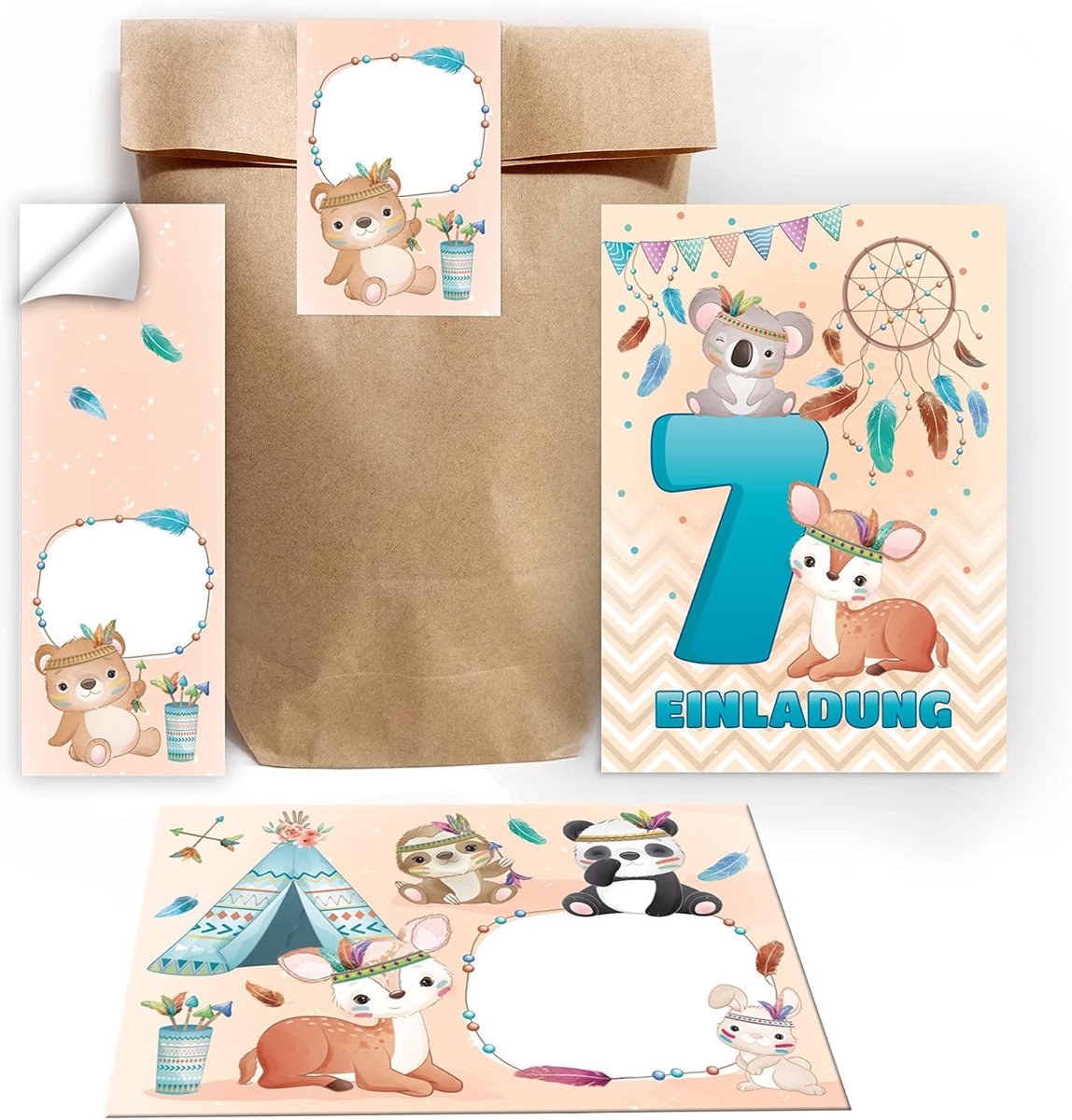 Uitnodigingskaarten 7e Verjaardag - Dieren en Indianen - Inclusief Enveloppen en Stickers - Voor een Feestelijk Moment - ShopVlot