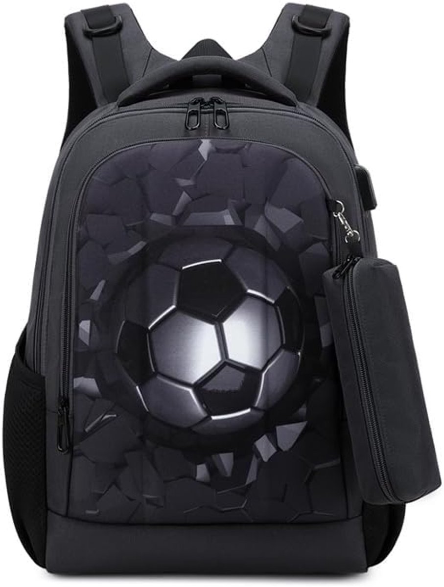 Ulisem - Schooltas - Harde kindertas met voetbal ontwerp - 16 inch groot - Waterdichte en vuilafstotende Oxford stof - Met 5 opbergvakken - Geschikt voor 15.6 inch laptop - Voor meisjes en tieners - Stevig en duurzaam - Zwart