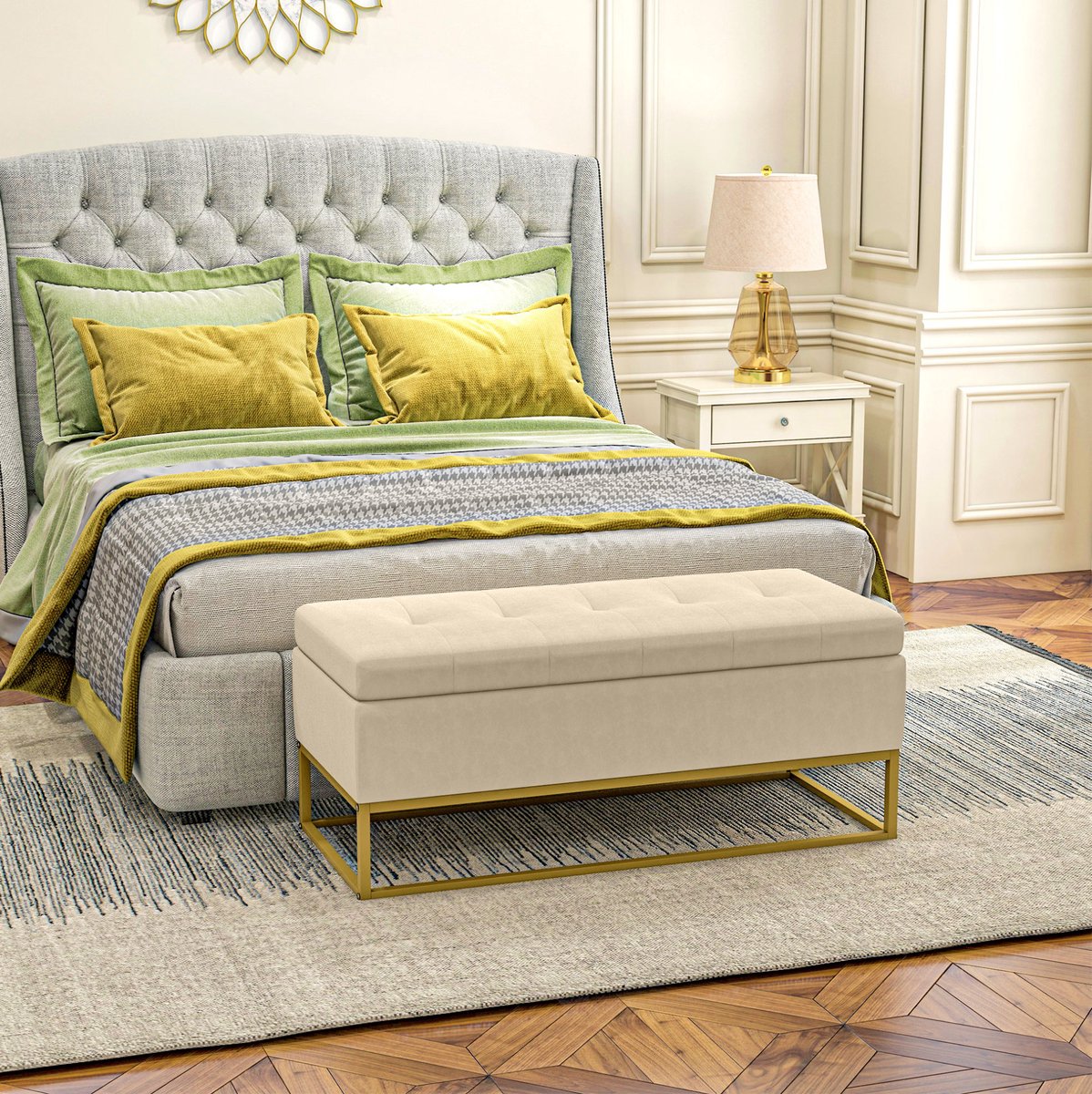 STILVORA Bankje 110 Cm - Opbergbank Met Klapdeksel En Gecapitonneerde Zitting - Voor Hal, Woonkamer En Slaapkamer - Polyester - Beige