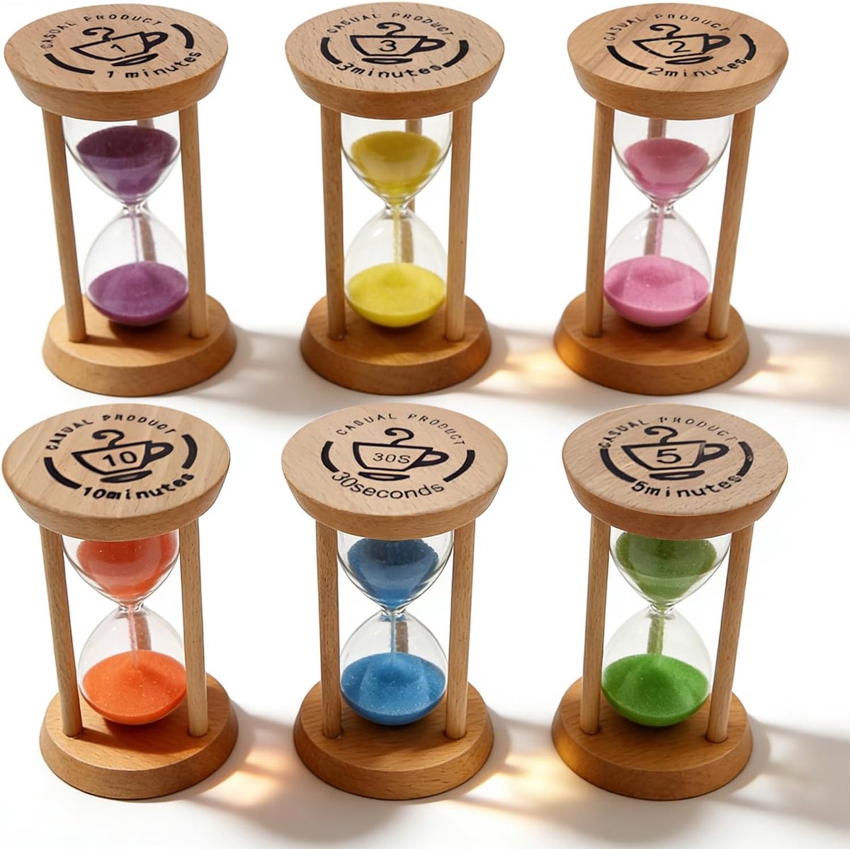 Zandloper 6 Stuks - Houten Zandloper - Kleurvol - Perfect voor Keuken en Leren - ShopVlot