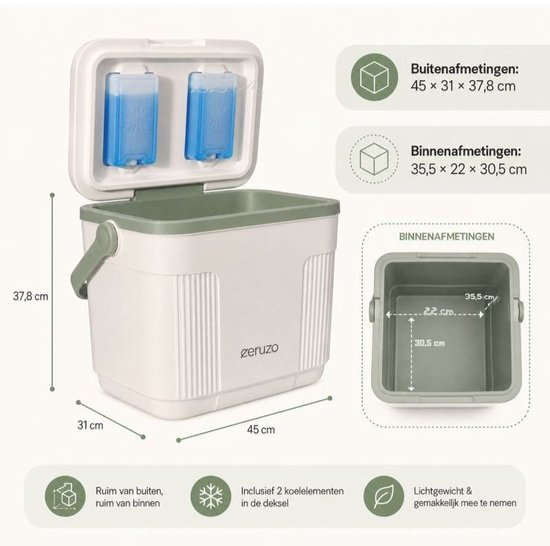 Ceruzo Koelbox 25 Liter - 2 Koelelementen in Deksel - Creme Wit OlijfGroen -Ruim van Ceruzo — afbeelding 2