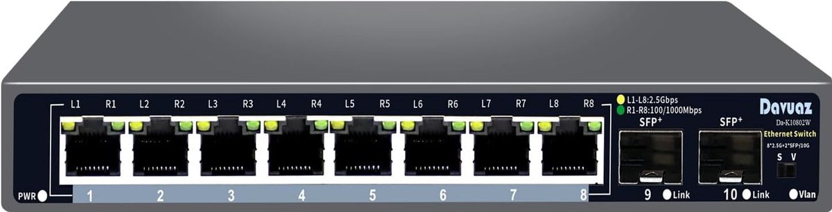 Ethernet Switch 10 Poorten - 8 x 2.5G RJ45 en 2 x 10G SFP+ - Fanless metalen behuizing - Ideaal voor snelle netwerken - ShopVlot