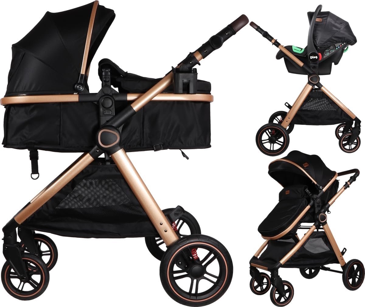 Buggy 3-in-1 Liam Black/Rose - Lichtgewicht - Opvouwbaar - Geschikt voor kind tot 36 maanden - SnelShoppen