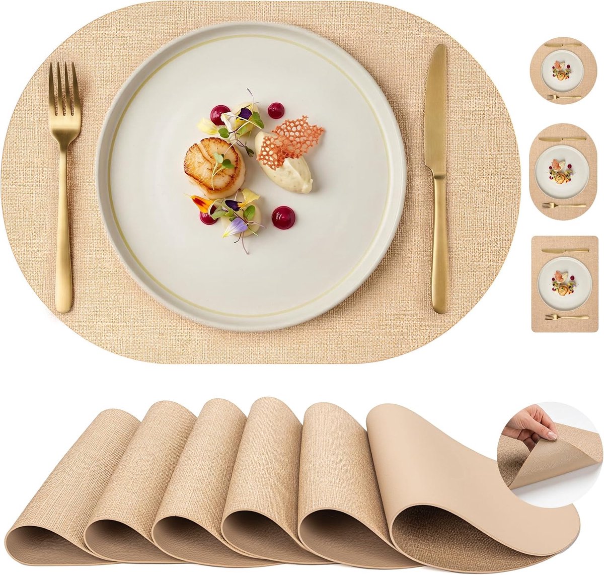 Placemats voor eettafel, set van 6, wasbare lederen tafelmatten, waterdicht, hittebestendig, antislip, keukenplacemats, eenvoudig ovaal ontwerp