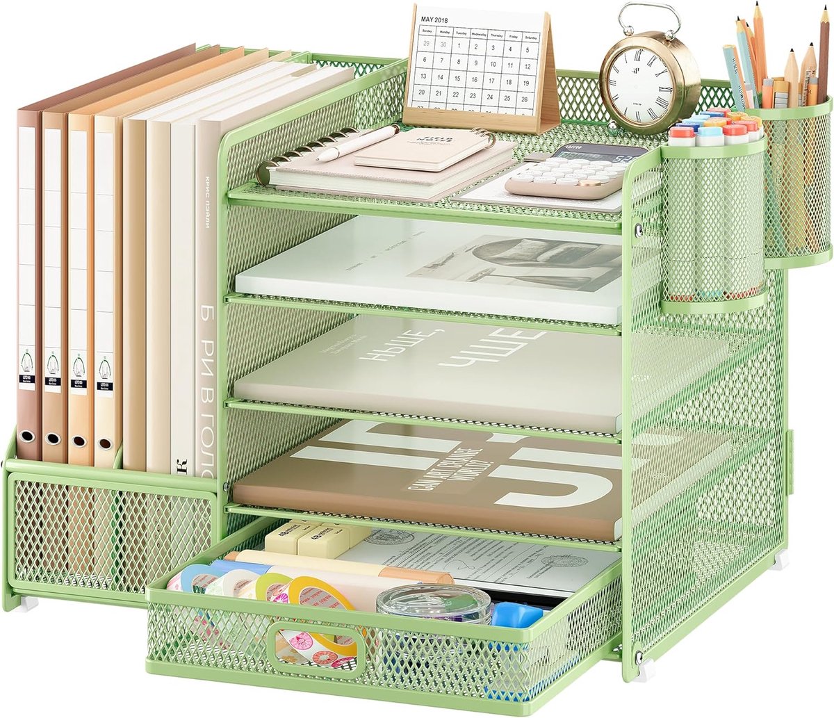 Bureau-organizer, 5 niveaus brievenbak met lades, dossierhouder met 2 pennenhouders, bureau-organizer met staande verzamelaar, kantoorbenodigdheden voor A4-documenten (Groen)