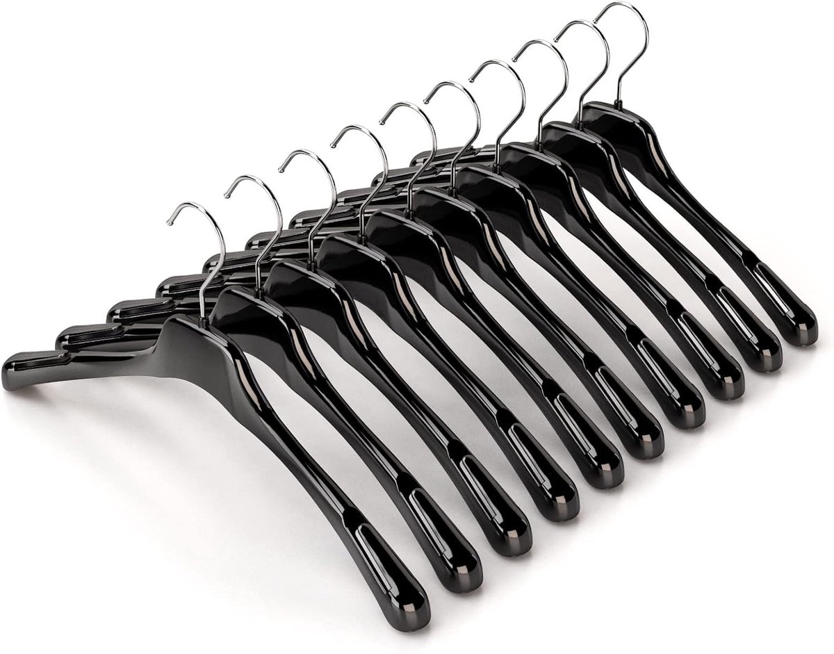 Kleerhangers voor bretels, gebreide waren, kleerhangers van kunststof, dun, ruimtebesparend, met notches, lingerie, badmode, 10 stuks, zwart glanzend met gegalvaniseerde haak, 41 cm