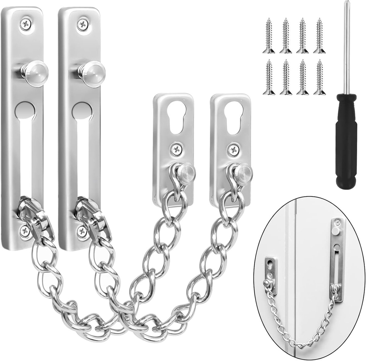 2 Stuks Roestvrijstalen Deurketting, Zilverkleurige Deurkettingen met 1 Schroevendraaier, Deurkettingslot met Haak voor Voordeur, Deurketting Slot voor Huis, Hotel, Binnendeuren en Ramen