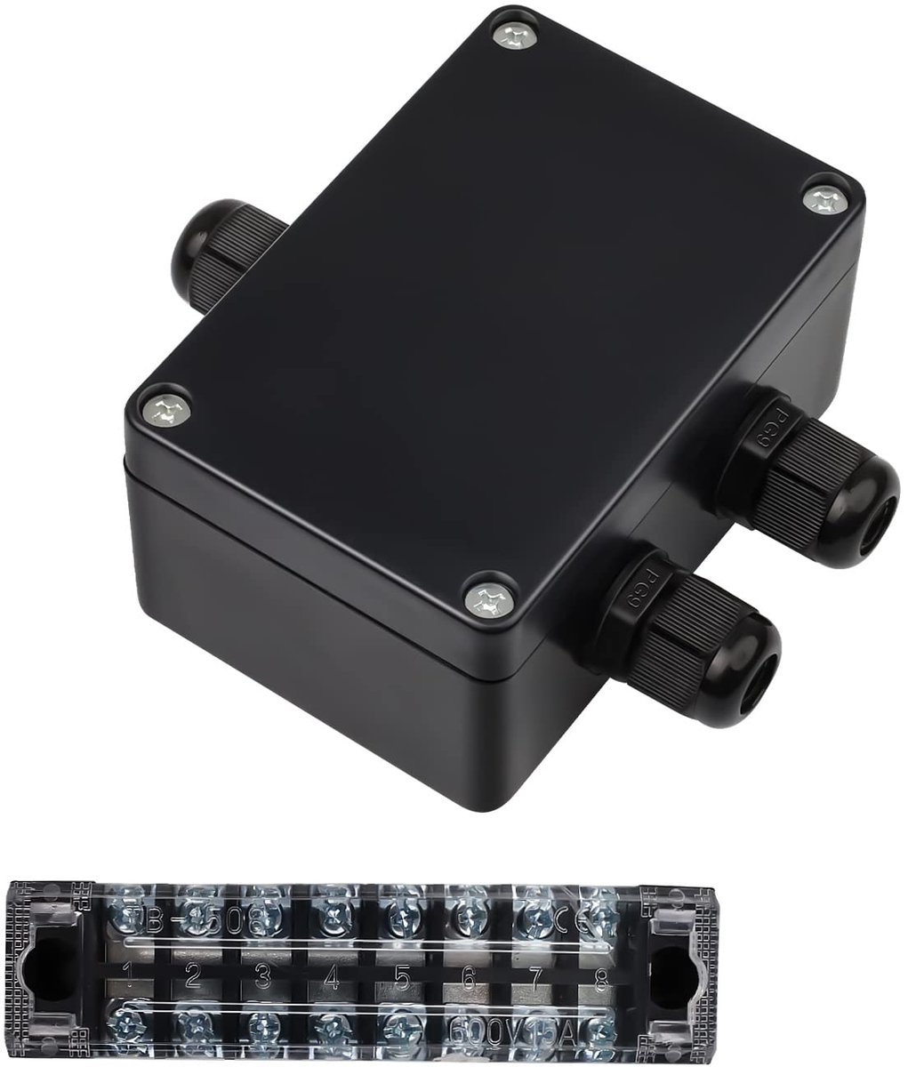 Aansluitdozen, 3-weg aansluitdoos met klemmenblokken, schroeven en waterdichte PG-stekker, voor binnen- en buitenkabels, 4-8 mm (zwart)
