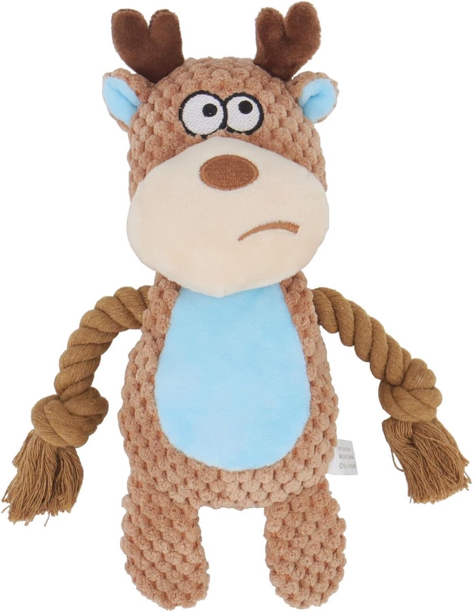 Piepspeelgoed met kreukelpapier, pluche hond, pluche kauwspeelgoed, katoenen touw, interactief speelgoed voor puppy's, kleine, middelgrote honden (camelkleurige eland)