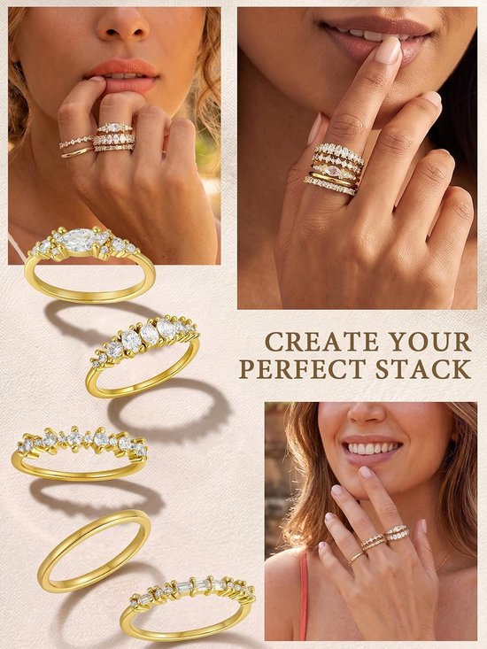 Dainty 14K Gold Plated Stackable Cubic Zirconia Rings 5PCS, Size 7 | Non-Tarnish Thumb Ring Set, Wedding Engagement Bands, Minimalist Trendy Statement Rings Stack, Jewlery Gifts for Women — afbeelding 2