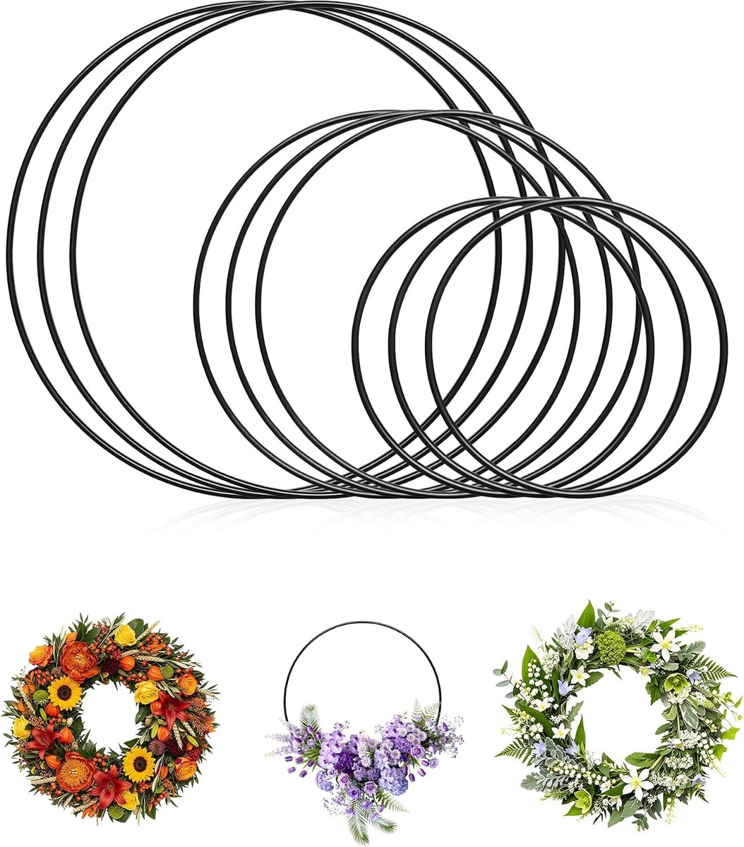 Ring, zwarte metalen cirkels, doe-het-zelf kit, 9 stuks, 3 mm dik, voor metalen ringen, voor decoratief handwerk, dromenvanger, slingers, Kerstmis (10/15/20 cm)