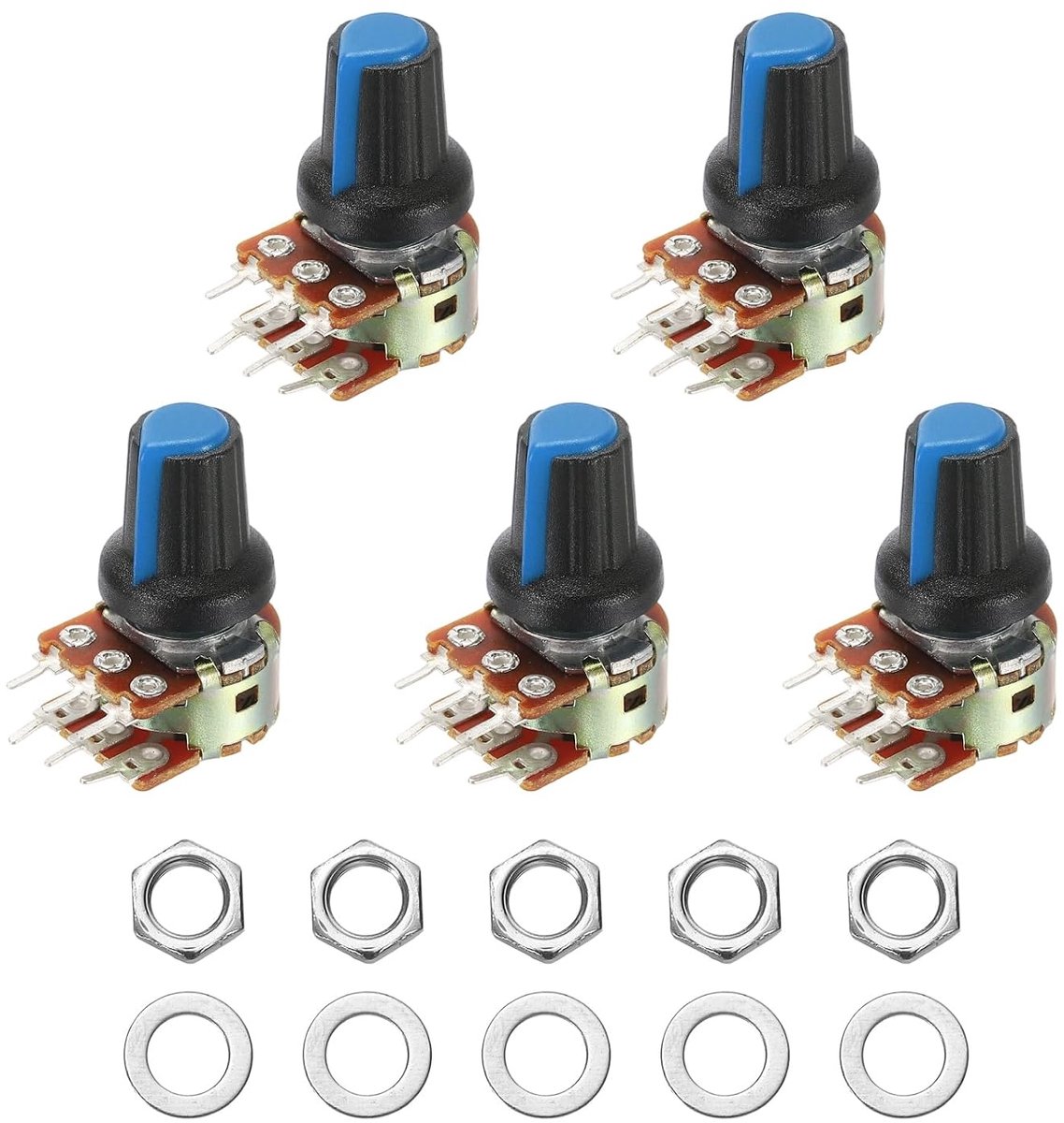 Potentiometerset, 6-polig, geribbelde as, lineair, dubbele conus, draaipotentiometer, audio, met draaiknop moer en sluitring voor volumeregeling