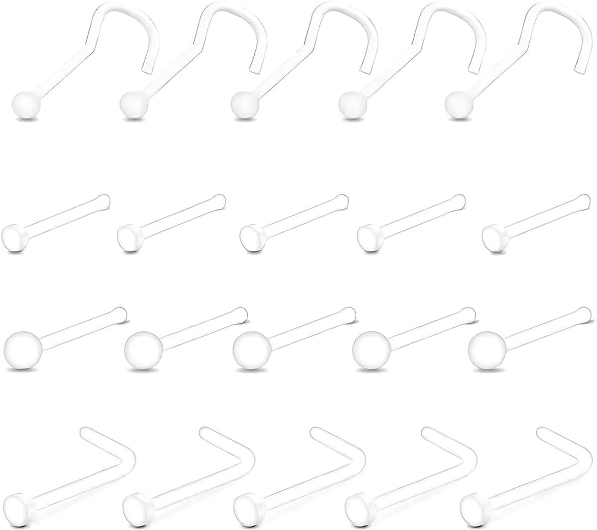 20 stuks transparante neuspeldjes – kunststof neusstiften, 1 L-vorm, heldere schroefvorm, neuspiercing voor school, 20 g, universale, Kunststof