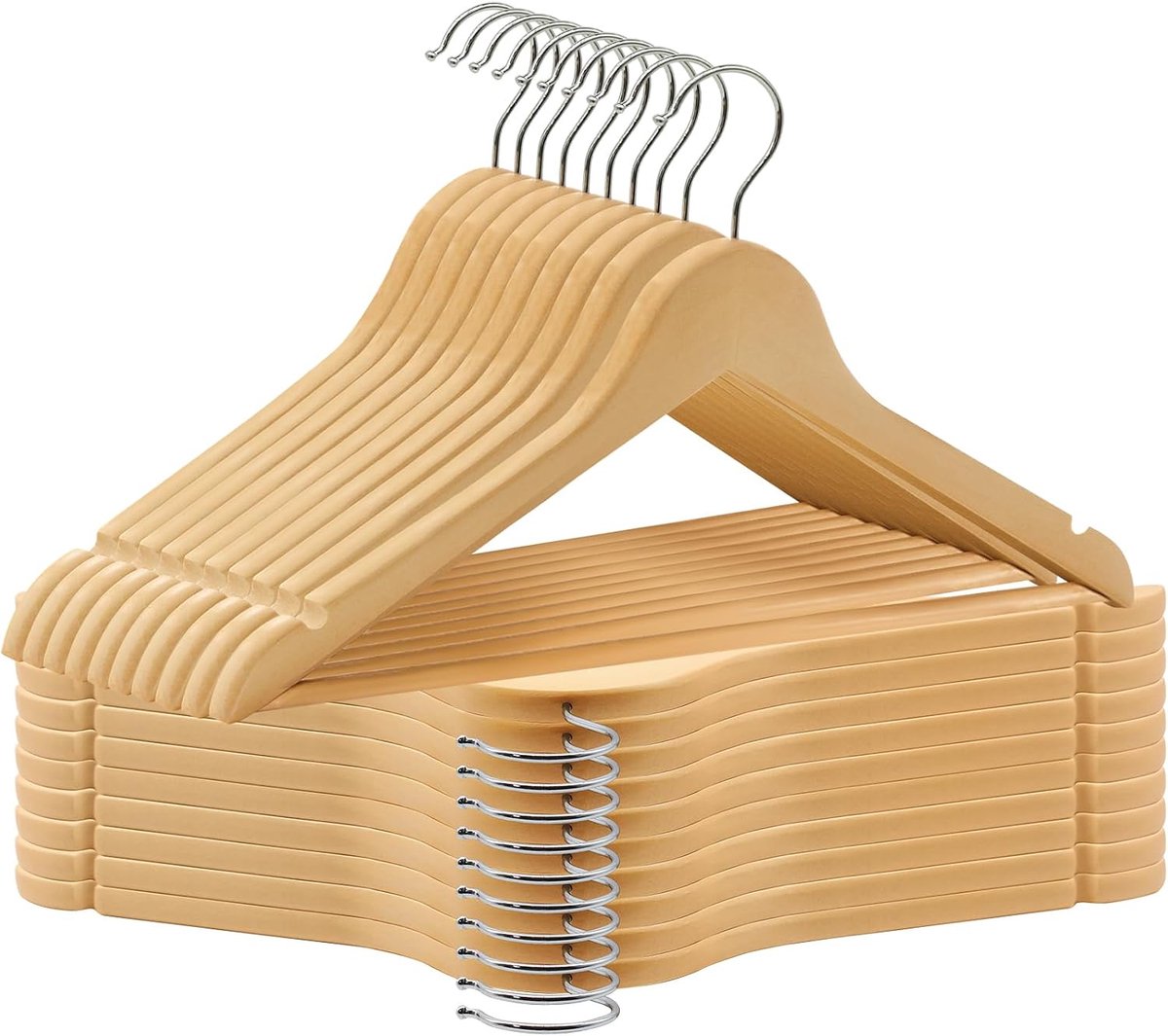 Set van 20 houten kledinghangers, 360° draaibare haak, pakhangers met antislip inkepingen, kledinghangers voor jassen, shirts, jurk, natuurlijk UAWY0520N