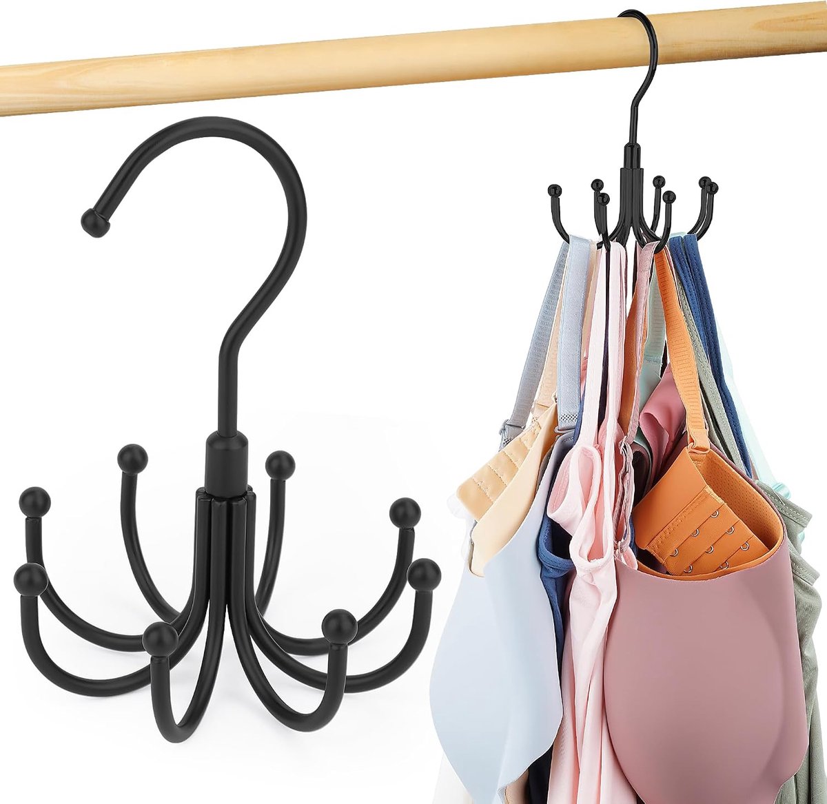 Kleerhanger voor topjes, bh-organizer, draaibaar, ruimtebesparende kleerhanger, kan tot 24 stuks bevatten, kledingkastorganizer, zwart, 1 stuk