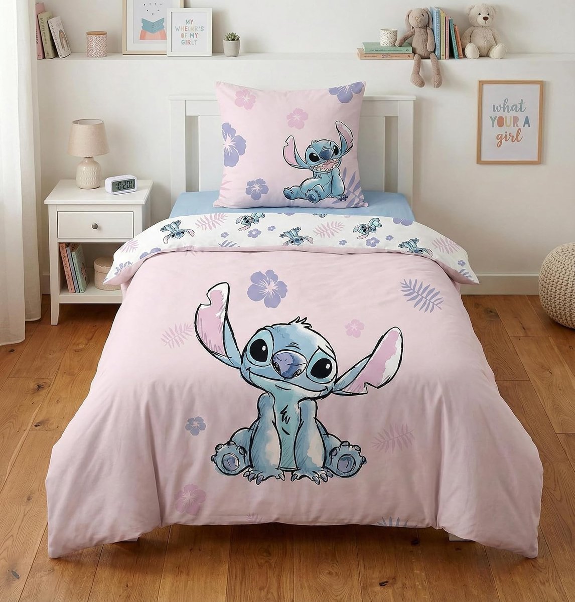 Pink 1-Persoons Dekbedovertrek 140x200 + Kussensloop Katoen | Omkeerbaar beddengoed | Natuurlijk katoen ademend Oeko-Tex | Disney Lilo & Stitch | Tieners | Cadeau | Machinewasbaar