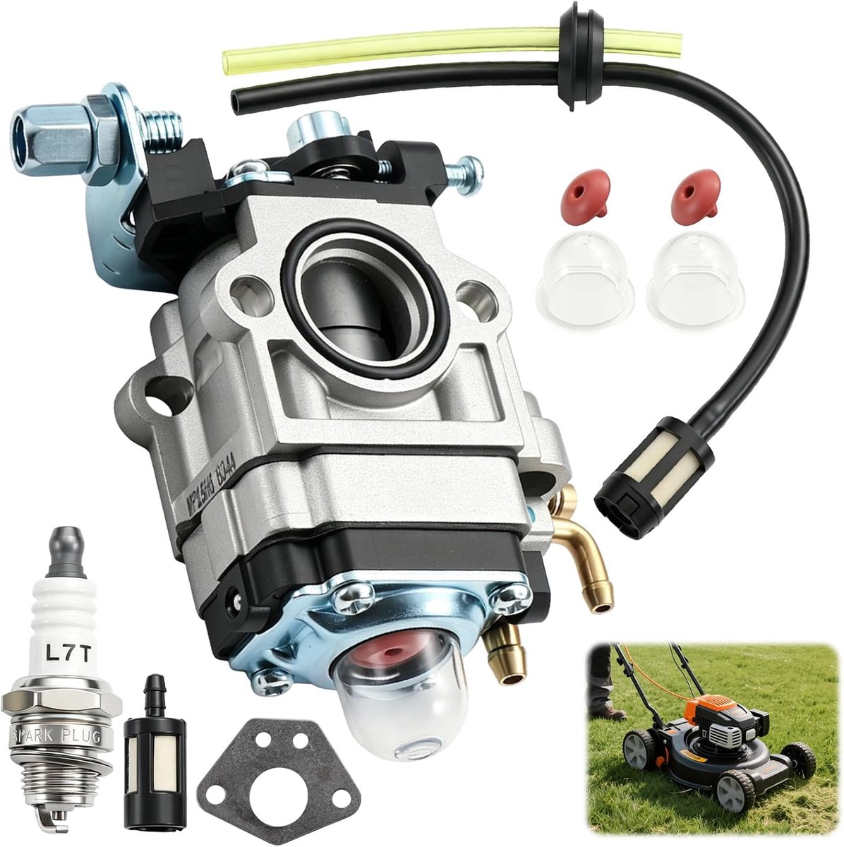 Carburateur voor bosmaaiers van 52 cc, 49 cc en 43 cc, carburateurset met pakking, slang, bougie en brandstoffilter, vervangingscarburateur voor bosmaaiers, grasmaaiers en 2-takt tuingereedschap