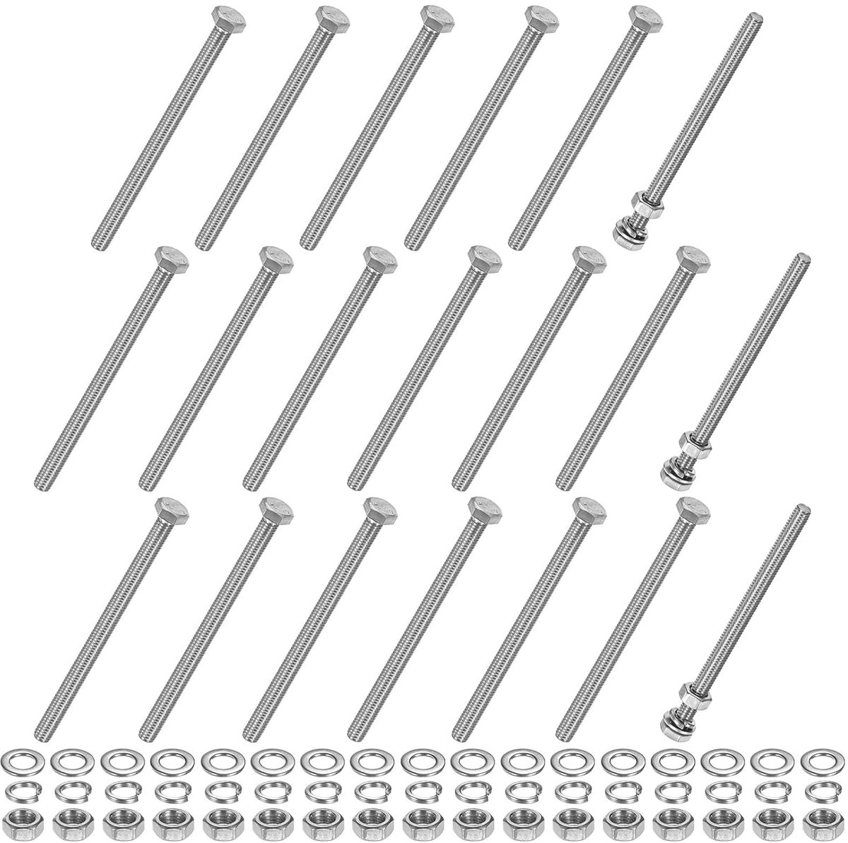 Zeskantschroeven met moeren, platte en veerringen, M6 x 90 mm, roestvrijstalen schroeven en moeren, complete set, volledige schroefdraad, metrische schroevenset voor apparaten/machines