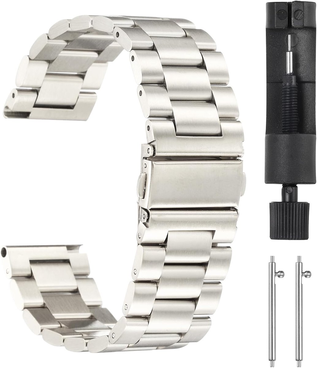 Roestvrij stalen horlogebandje, 22 mm, vlindersluiting, metalen coating, snelsluiting, massief staal, ketting met adapter voor smartwatch, ster, Armband