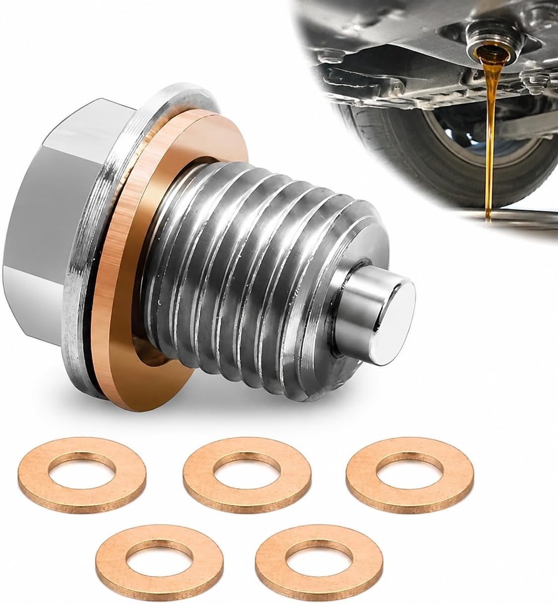 Olie-afvoerbout M14x1,5 met 5 magnetische roestvrijstalen afdichtringen – superbetrouwbare, lekvrije olieafvoer voor auto, boot én motorfiets