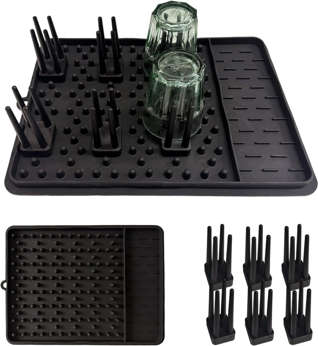 Afdruiprek met afneembare staven, siliconen afdruipmat, hittebestendig en antislip, voor borden, glazen en babyflessen, modern zwart