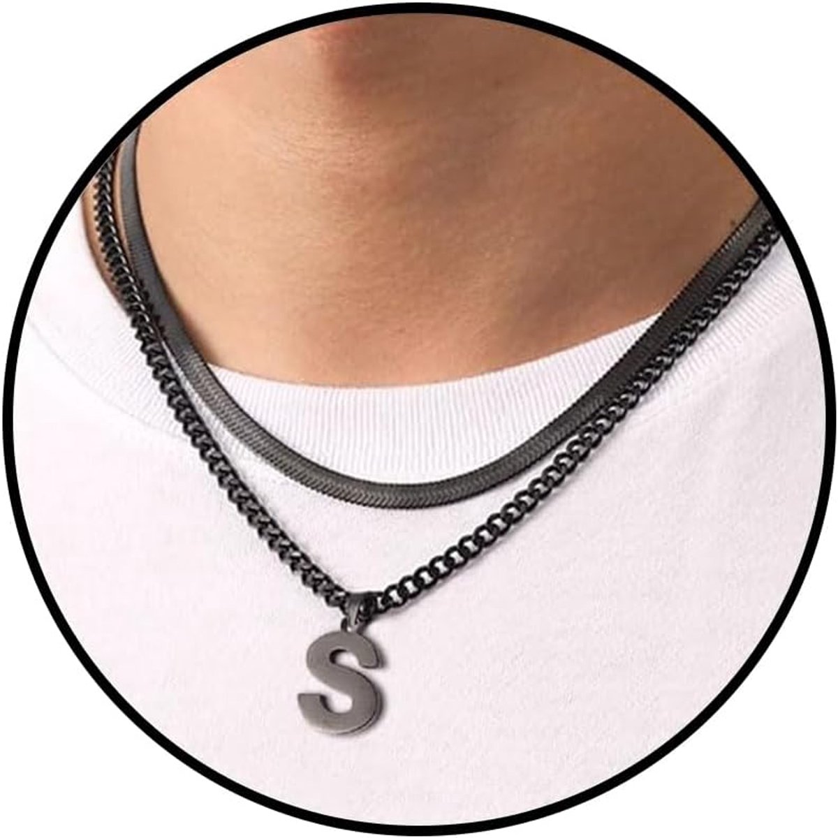 Halskettingen Heren met Letter A-Z Zilver Goud Zwart 316L Roestvrije Stalen Cubaanse ketting Slangenketting Dubbele ketting Cadeaus voor Mannen 18+20 Inches