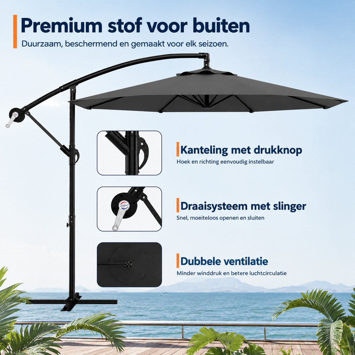 DeltaMerch Zweefparasol - Draaibare Parasol - Kantelbaar - UV werend doek - Incl. kruisvoet en beschermhoes - 300x 300cm - Grijs – foto 5