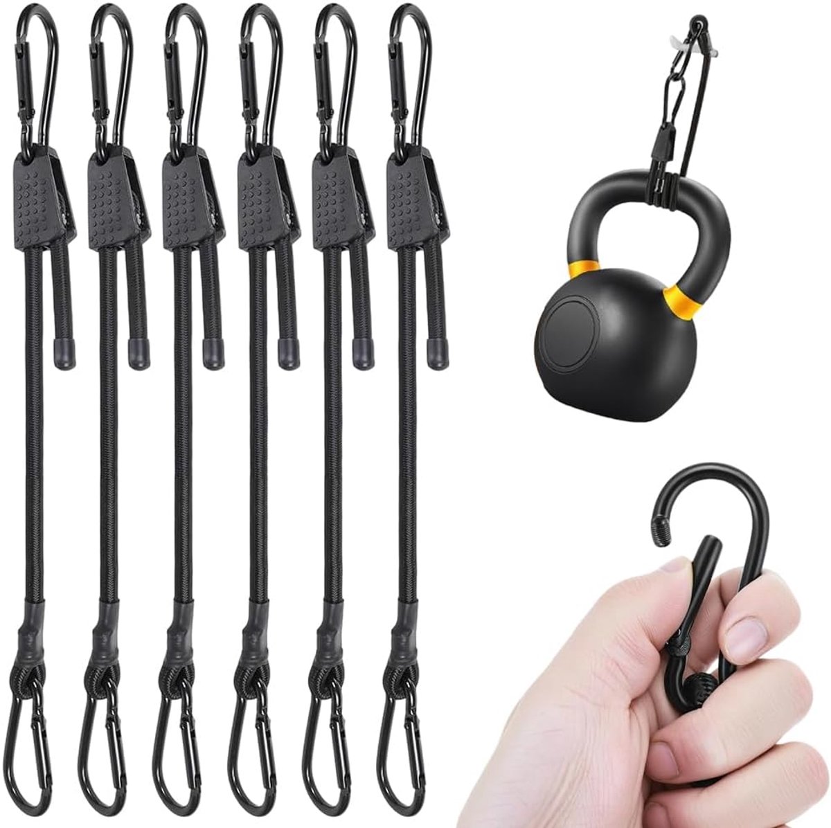 6 stuks verstelbare spanrubbers met karabijnhaak, expander met haken, 100 cm, extra sterk, eenvoudig te gebruiken voor tuin, auto, fiets en camping, ideaal voor hobby-tuiniers, kampeerders en