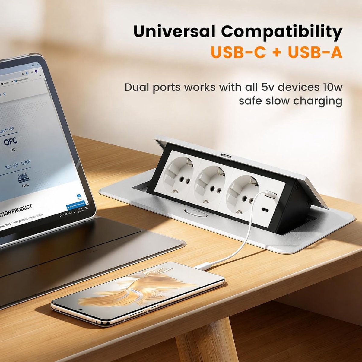 Tafelcontactdoos met USB - Aluminium, 3-voudige flush socket - 1,8 m kabel - Ideaal voor kantoor of thuis - SnelShoppen