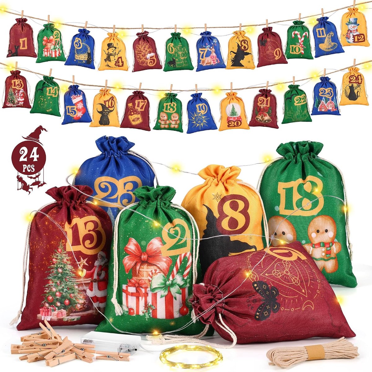 Adventskalender set met LED verlichting - 24 grote stoffen zakken - feestelijke kerstdecoratie - SnelShoppen