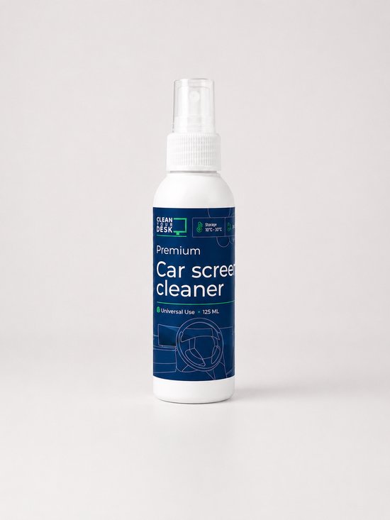 Bouteille blanche avec étiquette bleu-vert indiquant 'Premium Car screen cleaner'. Comprend une illustration de volant.