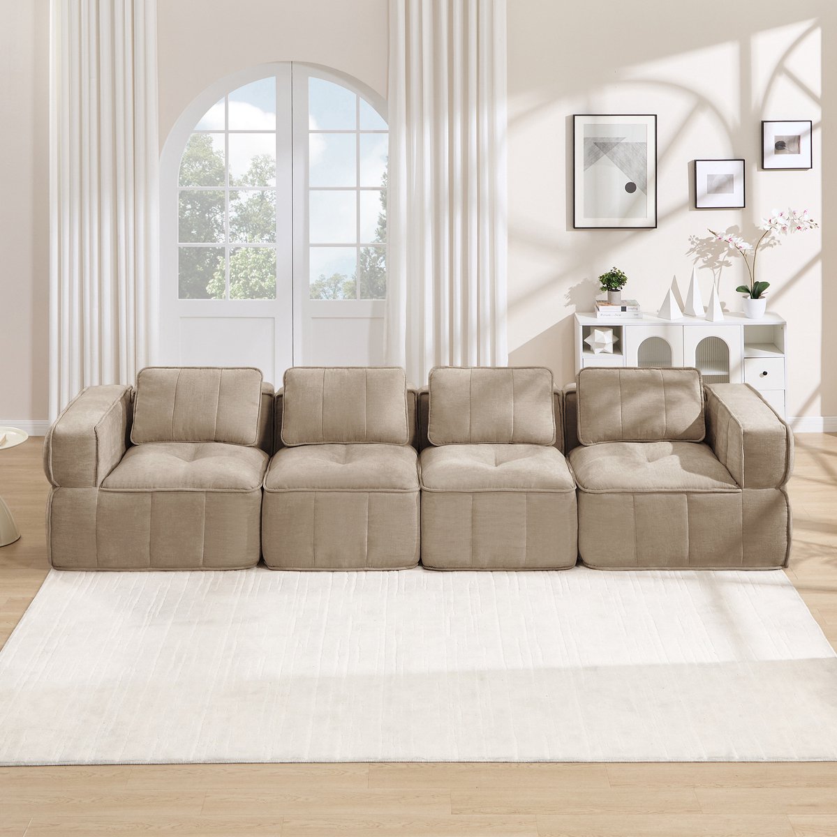 STILVORA Zitbank 344 Cm - Modulaire 4-Zits Bank Zonder Montage Met 32D Schuim En Antislip Basis - Voor Woonkamer - Polyester Sand