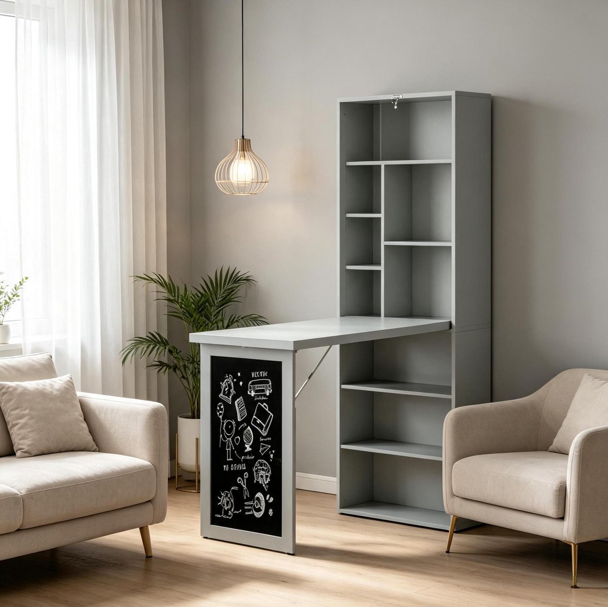 STILVORA Wandmontage Klapbureau Met Rek En Schoolbord - Ruimtebesparend Voor Thuiskantoor En Woonkamer - Zwart En Donkergrijs - 98x51x153 Cm