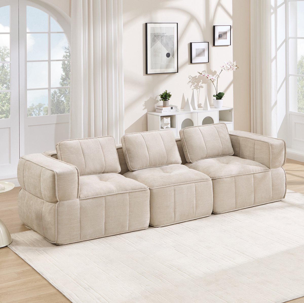 STILVORA Zitbank 271 Cm - Modulaire 3-Zits Met 32D Schuim En Zonder Montage - Voor Woonkamer En Lounge - Polyester - Beige
