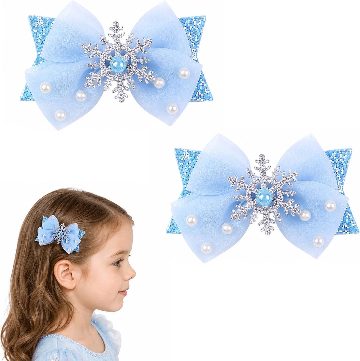 Haarspelden meisjes set van 2 - blauwe glitter met tule en kralen - veilige alligatorclips - perfect voor feestdagen - SnelShoppen