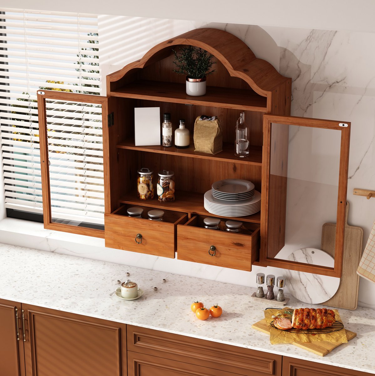 STILVORA Wandkast - Retro Opbergkast Met Glasdeuren En 2 Lades - Voor Keuken Badkamer Eetkamer En Woonkamer - Hout Bruin - 60x22x76,5 Cm