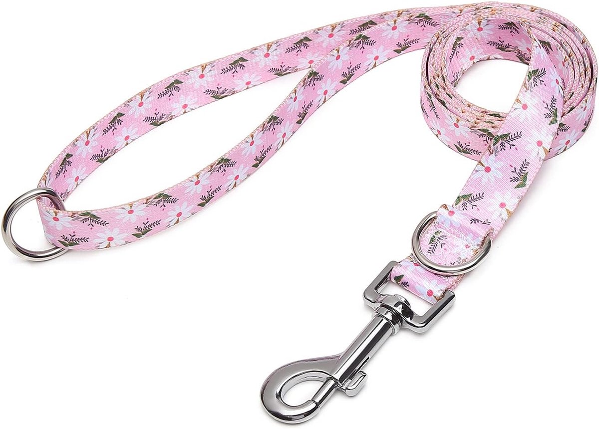 Hond Leash 120 cm - Verstelbaar Nylon - Roze en Witte Bloemen - Stijlvolle Trainingslijn - SnelShoppen
