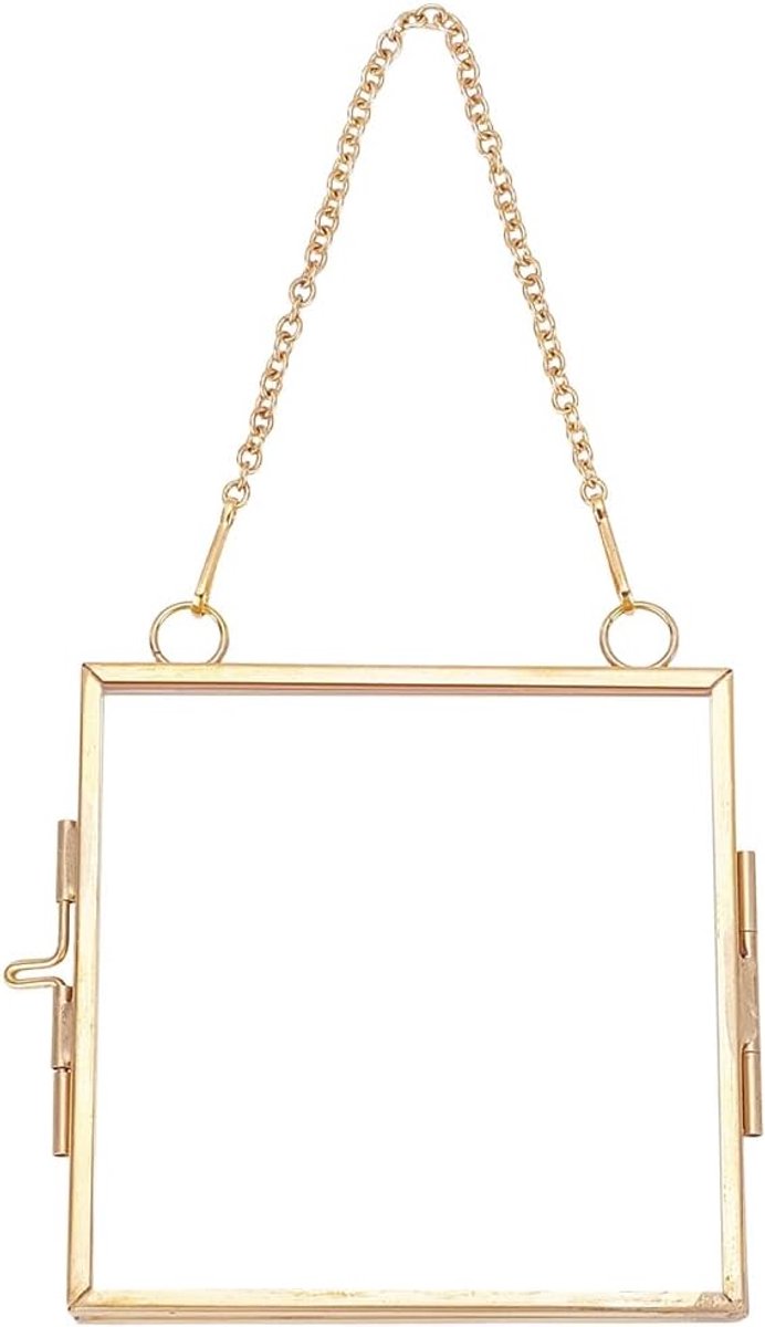Glazen fotolijst 2 inch - Goud met ketting - Dubbelzijdig voor bloemen en planten - Unieke wanddecoratie - SnelShoppen