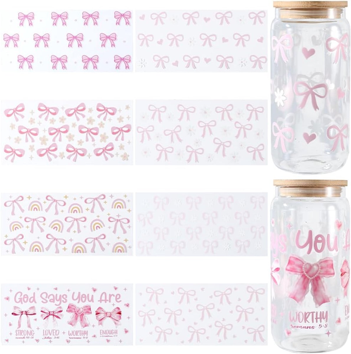 Glas beker stickers 8 vellen - roze strik patroon - waterdicht - creatief voor drinkflessen - SnelShoppen