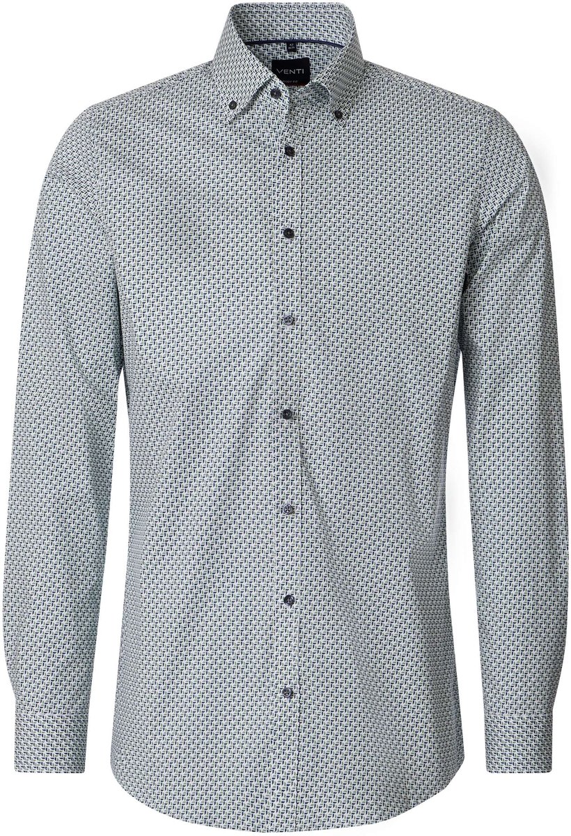 VENTI body fit overhemd - popeline - wit - blauw - groen dessin - Strijkvrij - Boordmaat: 40 (EU maat: M)