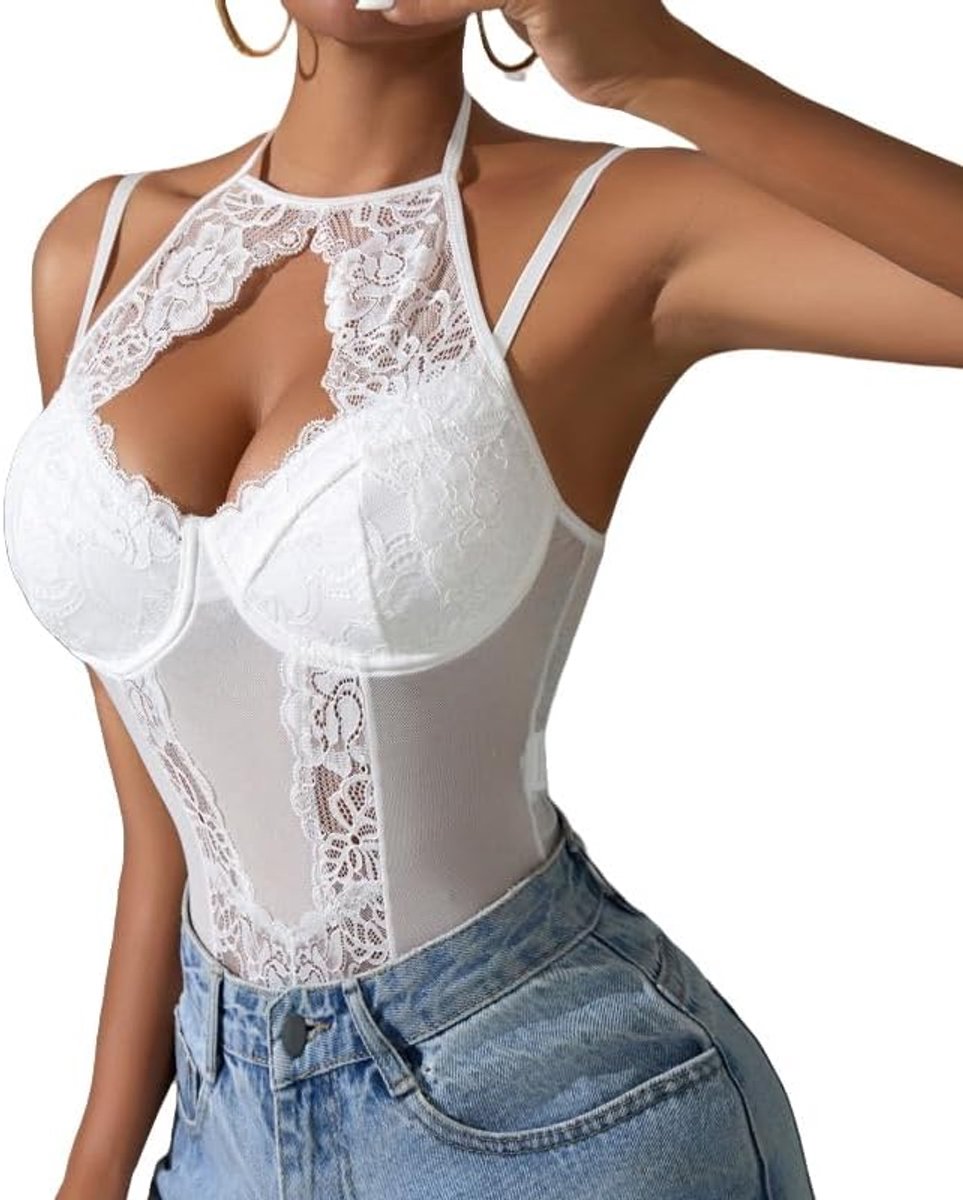 Bodysuit dames sexy - kant bloemen mesh - transparant mouwloos - perfecte outfit voor feestjes - SnelShoppen