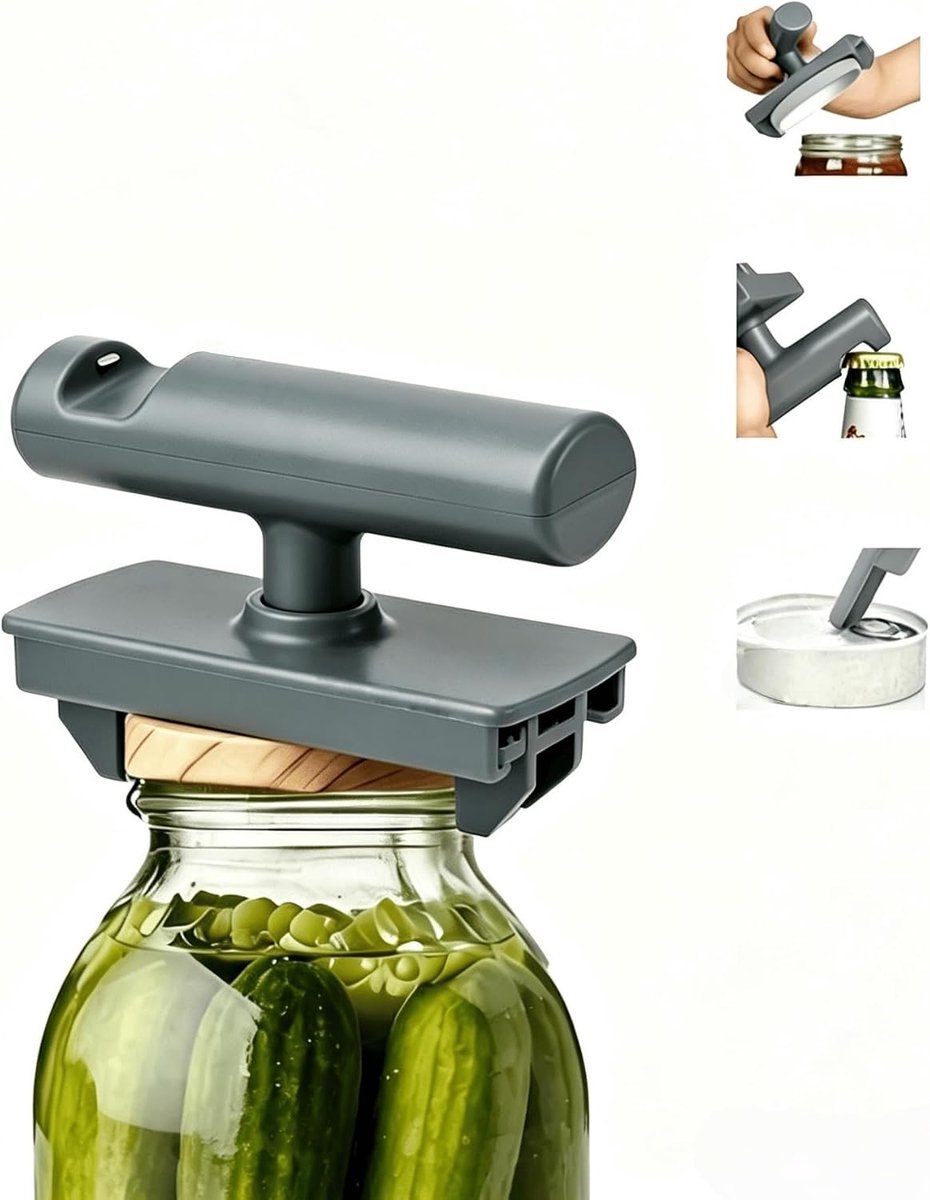 casalora 3-in-1 Multifunctionele Blik- en Flesopener – Verstelbare Potopener met Antislip Handgreep – Voor Potten, Blikken en Flessen – Keukenhulp – Grijs