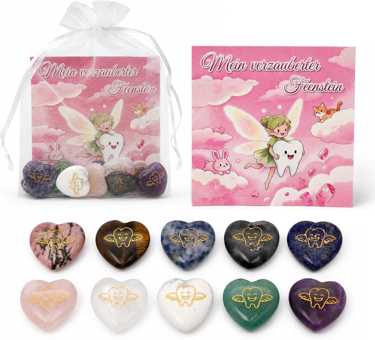 geluksstenen voor kinderen - 10 hartvormige tandfee stenen - met wenskaart en zakje - perfect cadeau voor tandwissel - SnelShoppen